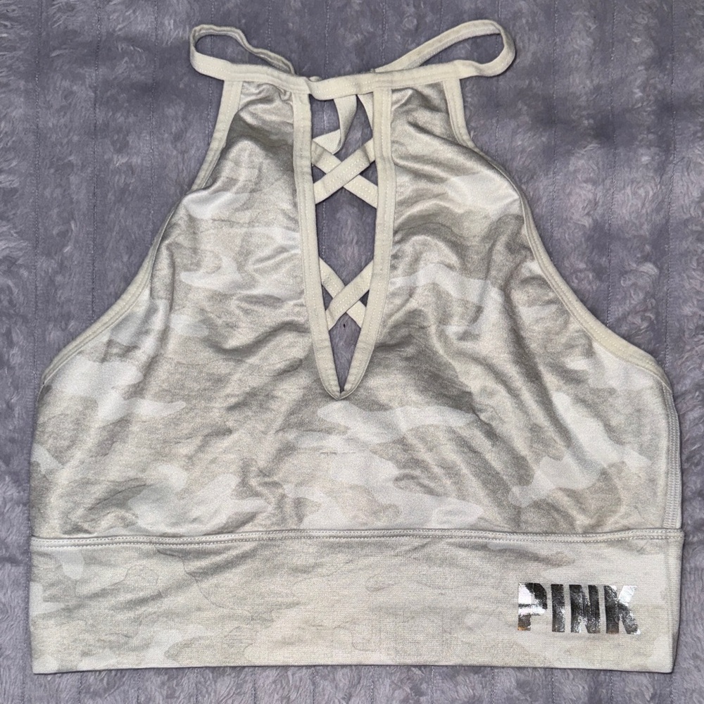 PINK Strappy Halter Sports Bra in Light Gray Camo